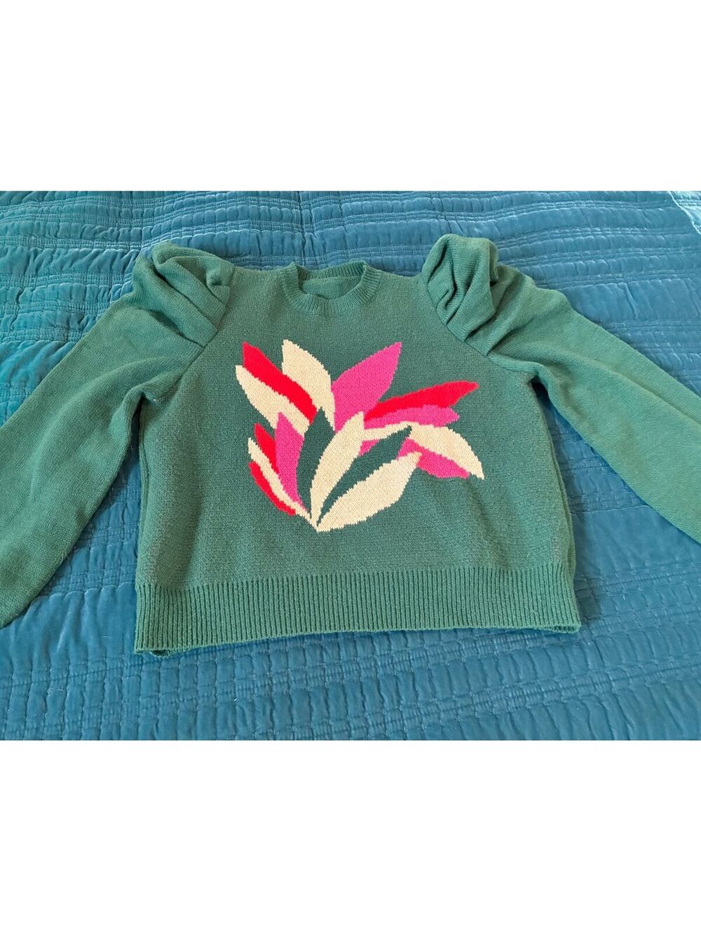 Women's Green Floral Knit Crew Neck Puff Sleeve Pullover Sweater Size L, #0012
